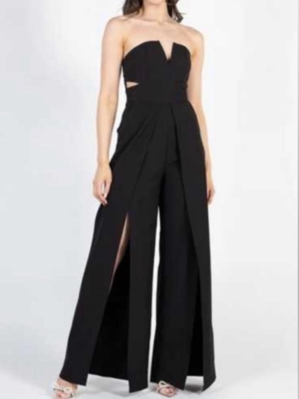 Luxxel Black Strapless Wide-Leg Jumpsuit with Front Slits